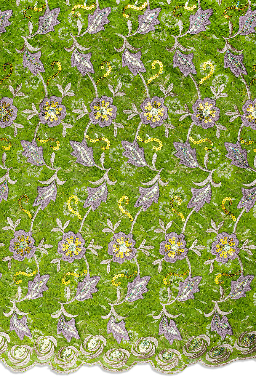 SQL080-LGN - Sequined Net Lace with Appliqué -  Leaf Green, Lilac & Pale Pink