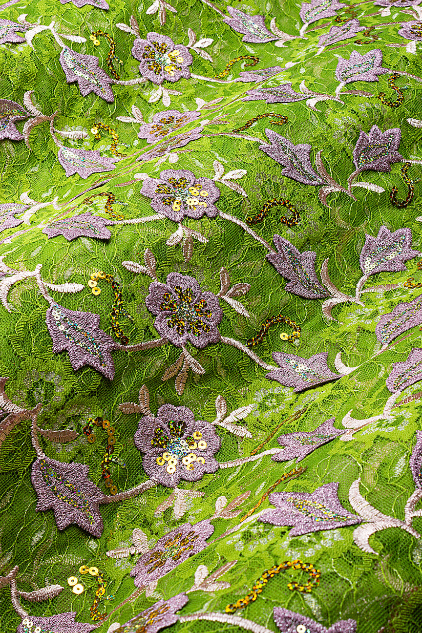SQL080-LGN - Sequined Net Lace with Appliqué -  Leaf Green, Lilac & Pale Pink
