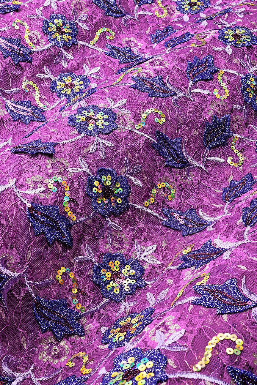 SQL080-MUL - Sequined Net Lace with Appliqué - Mulberry, Purple & Lilac