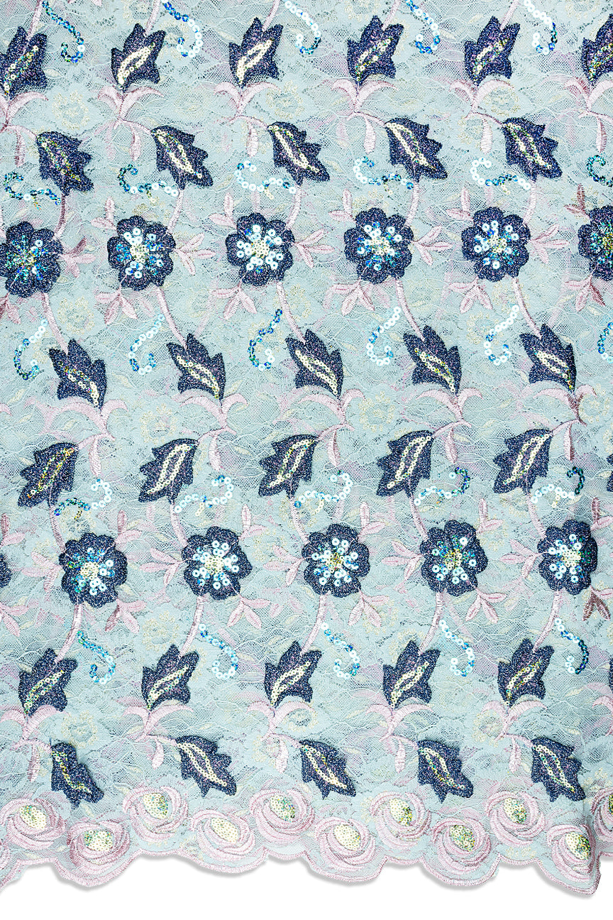 SQL080-PBL - Sequined Net Lace with Appliqué - Pale Blue, Baby Pink & Navy Blue