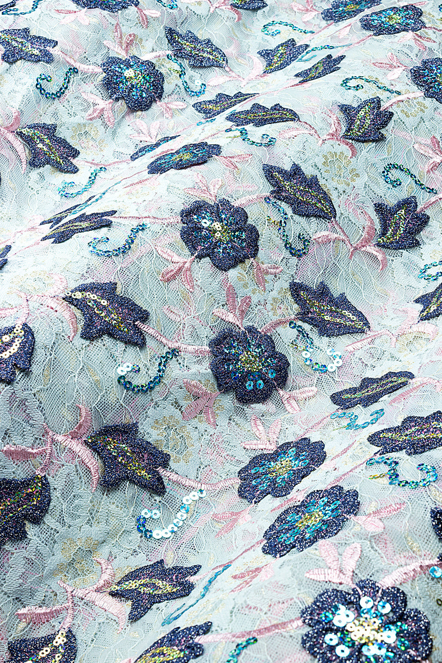 SQL080-PBL - Sequined Net Lace with Appliqué - Pale Blue, Baby Pink & Navy Blue