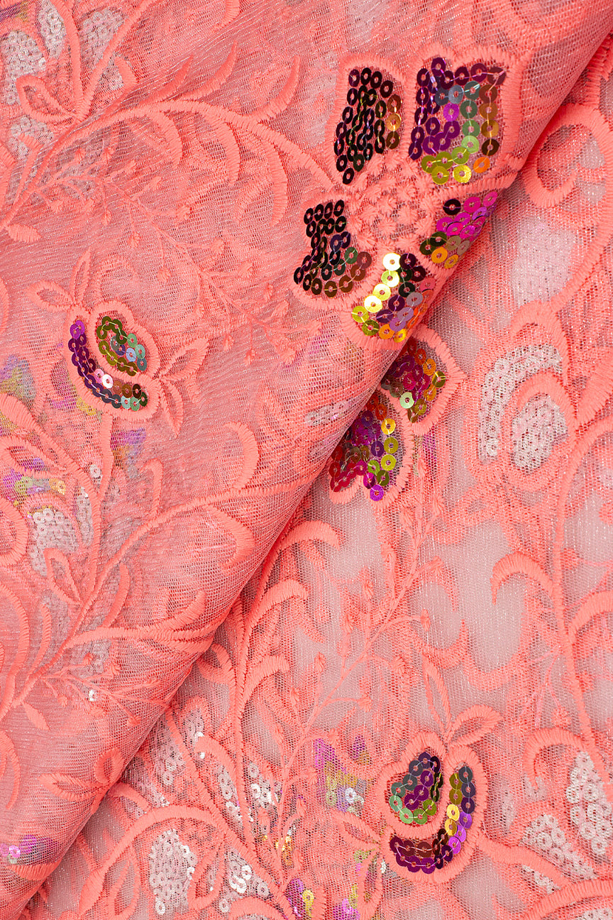 SQL058-PNK- Sequined French Lace - Coral Pink
