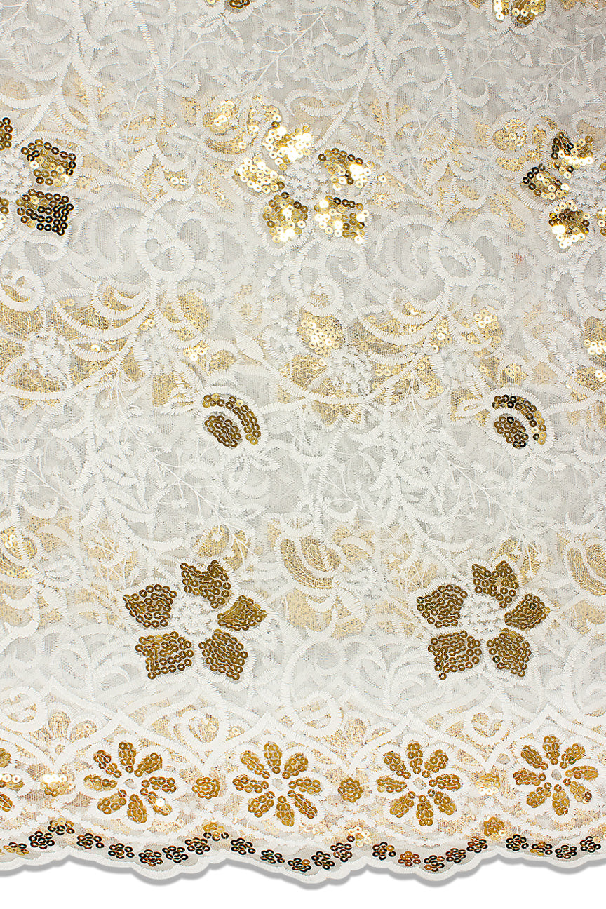 SQL058-WHT- Sequined French Lace - White & Gold