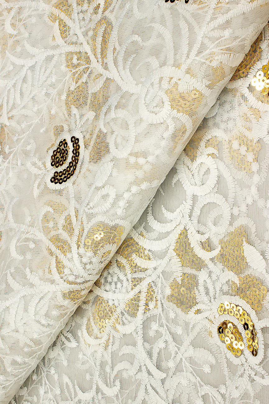 SQL058-WHT- Sequined French Lace - White & Gold