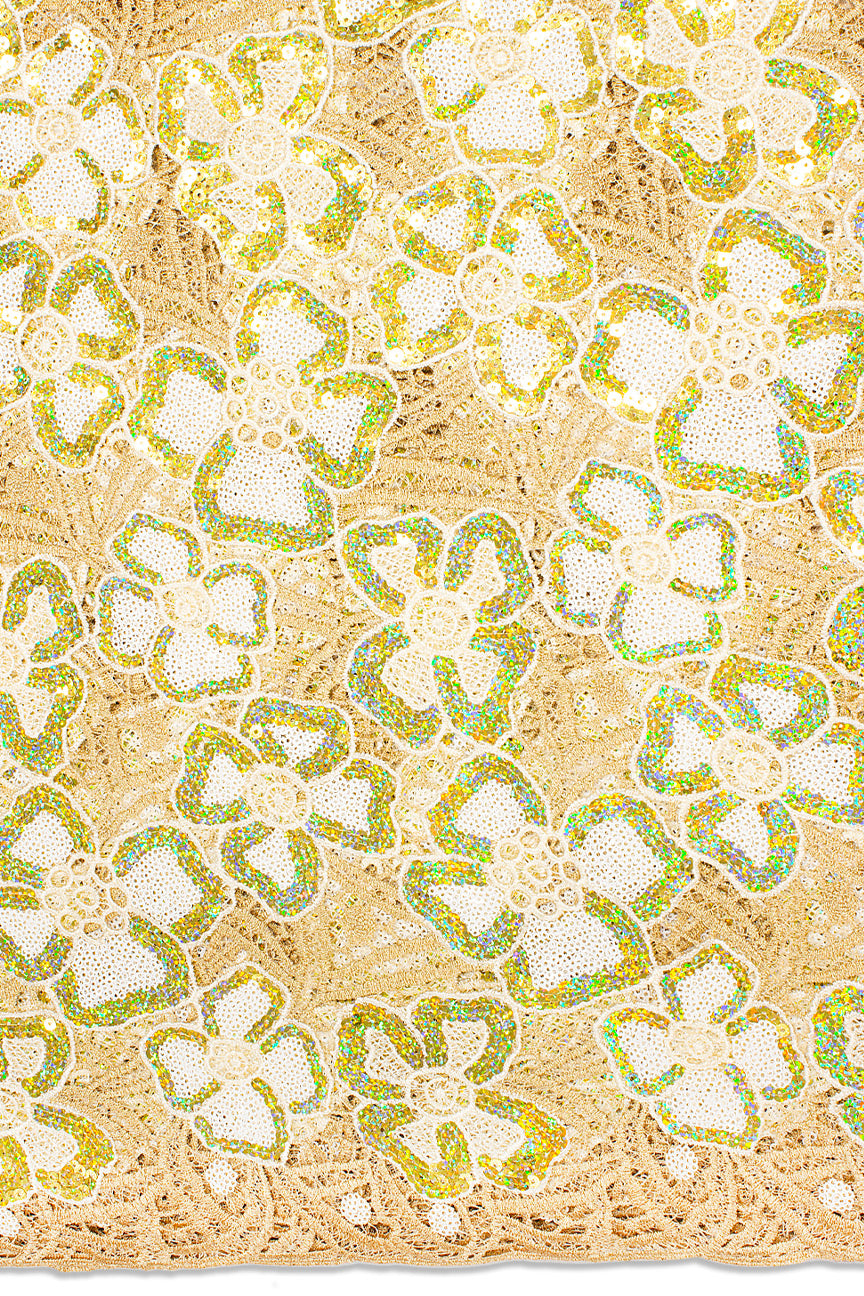 GPR090-BEI - Sequined Guipure Lace - Beige & Gold