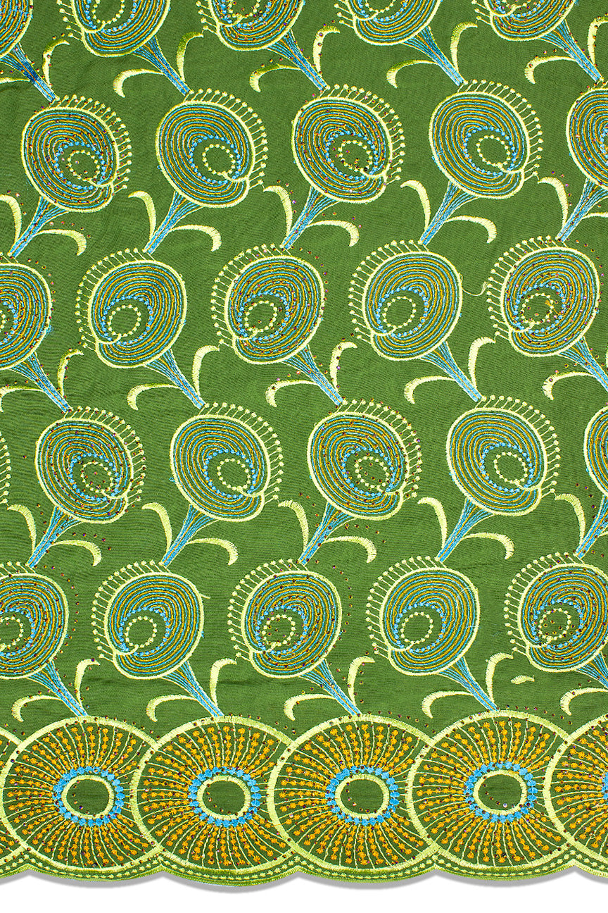 IRE632-GRE- Voile Lace - Green, Sky Blue & Gold