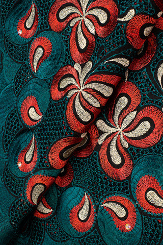 IRE598-BRG - Voile Lace - Bottle Green, Red & Gold