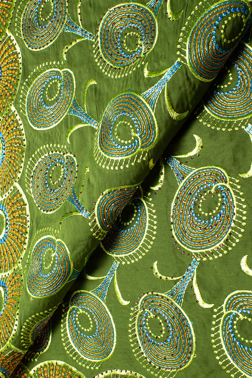 IRE632-GRE- Voile Lace - Green, Sky Blue & Gold
