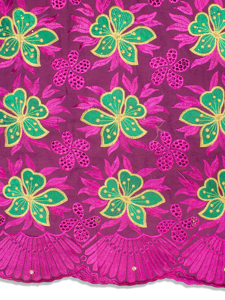 IRE539-MAG - Voile Lace - Magenta, Forest Green & Gold Lurex