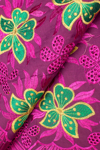 IRE539-MAG - Voile Lace - Magenta, Forest Green & Gold Lurex