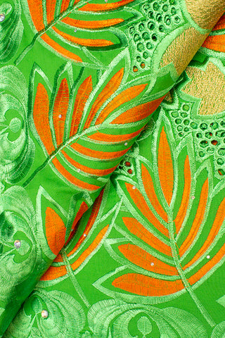 IRE540-LGN - Voile Lace - Leaf Green, Orange & Gold Lurex