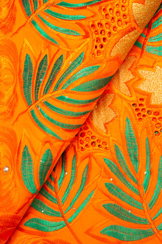 IRE540-ORA - Voile Lace - Orange, Forest Green & Gold Lurex