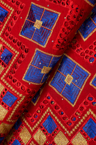 IRE545-RDB - Voile Lace - Red, Blue & Gold Lurex