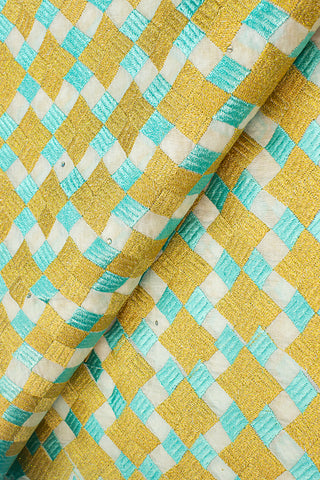 IRE554-WAQ - Voile Lace - White, Aqua & Gold