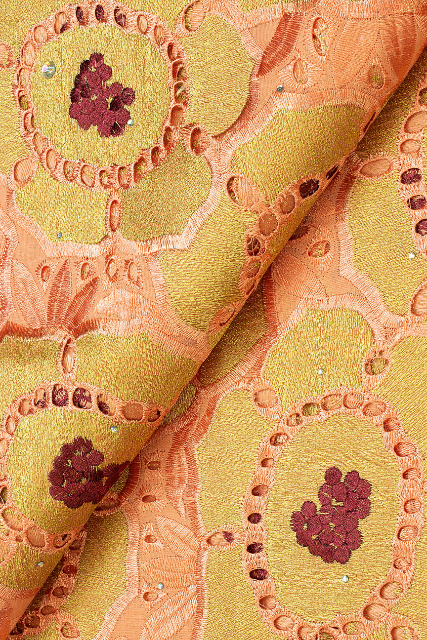 IRE563-PCH - Voile Lace - Peach, Wine & Gold