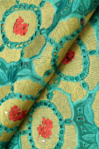 IRE563-TLG - Voile Lace - Teal, Red & Gold