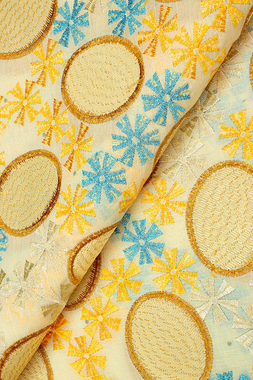 IRE564-CMG - Voile Lace - Cream, Gold & Turquoise Blue