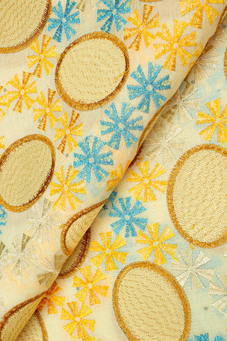 IRE564-CMG - Voile Lace - Cream, Gold & Turquoise Blue