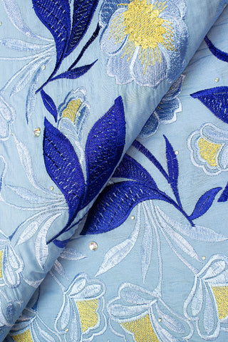 IRE565-SKB - Voile Lace - Sky Blue, Royal Blue & Gold
