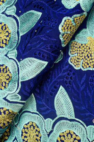 IRE566-RAQ - Voile Lace - Royal Blue, Aqua & Gold