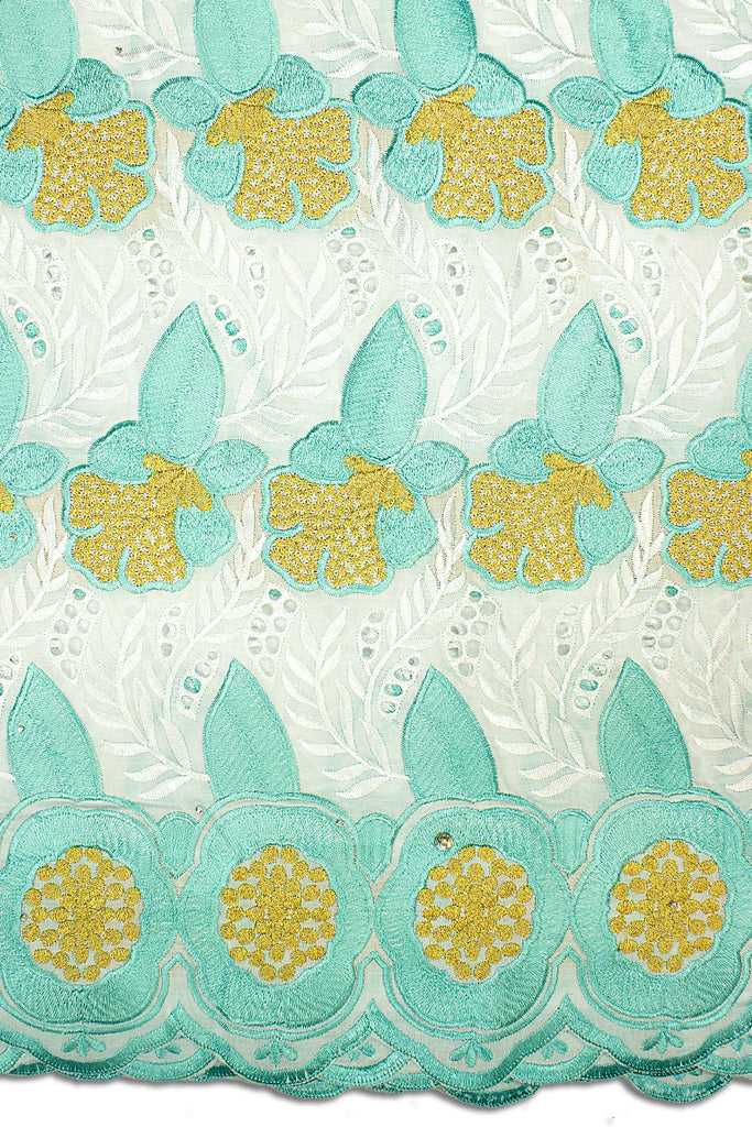 IRE566-WAQ - Voile Lace - White, Aqua & Gold