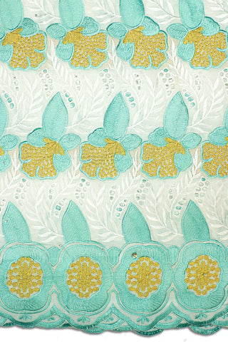 IRE566-WAQ - Voile Lace - White, Aqua & Gold