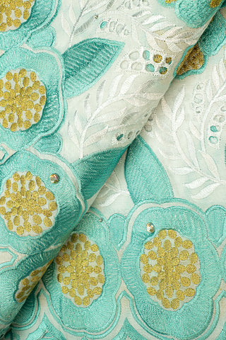 IRE566-WAQ - Voile Lace - White, Aqua & Gold