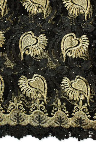 LFR234-BLK - Big French Lace with Guipure Border - Black & Gold