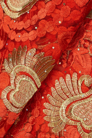 LFR234-RED - Big French Lace with Guipure Border - Red & Gold