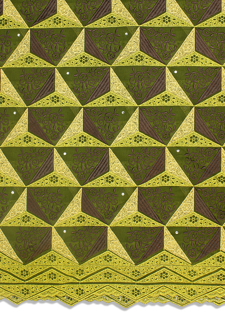 OCL159-AGN - Voile Lace, Made In Austria - Army Green, Chocolate Brown & Gold