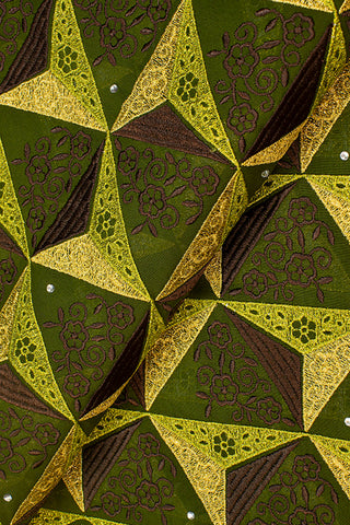 OCL159-AGN - Voile Lace, Made In Austria - Army Green, Chocolate Brown & Gold