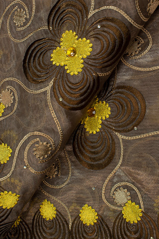 PSL018-BRN - Premier Swiss Double Organza Lace with Big Stones - Brown & Gold