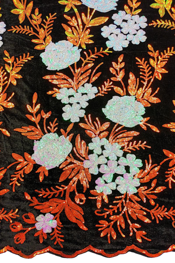 SQL035-BOR - Sequined Velvet Lace - Black, Pearl & Burnt Orange