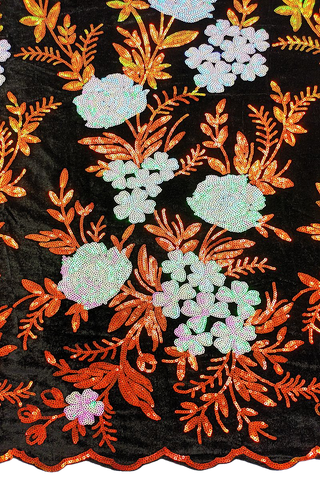 SQL035-BOR - Sequined Velvet Lace - Black, Pearl & Burnt Orange