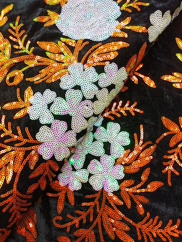 SQL035-BOR - Sequined Velvet Lace - Black, Pearl & Burnt Orange