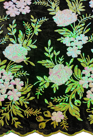 SQL035-LMG - Sequined Velvet Lace - Black, Pearl & Lime Green