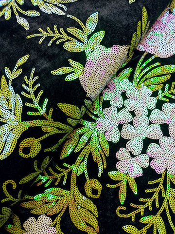 SQL035-LMG - Sequined Velvet Lace - Black, Pearl & Lime Green