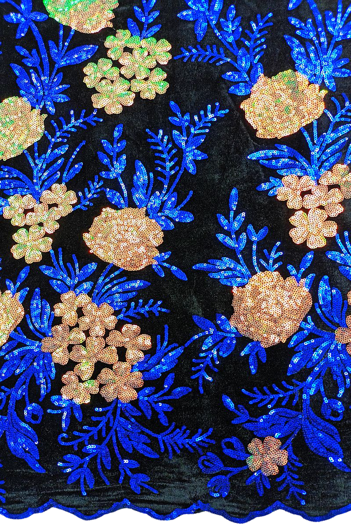 SQL035-RBL - Sequined Velvet Lace - Black, Rose Gold & Royal Blue