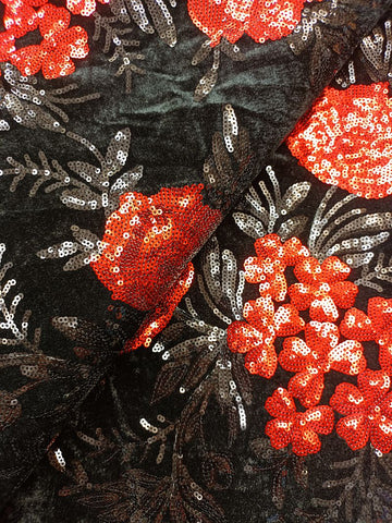 SQL035-RED - Sequined Velvet Lace - Black & Red
