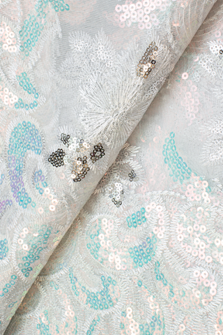 SQL039-WHS - Sequined French Lace - White & Silver
