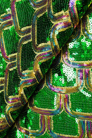 SQL055-FGG - Sequined Net Lace - Forest Green & Gold