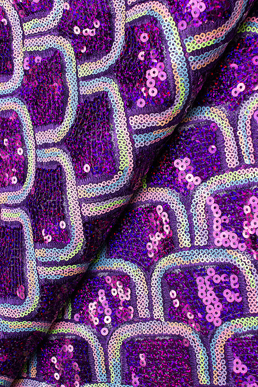 SQL055-PUR - Sequined Net Lace - Purple & Peach