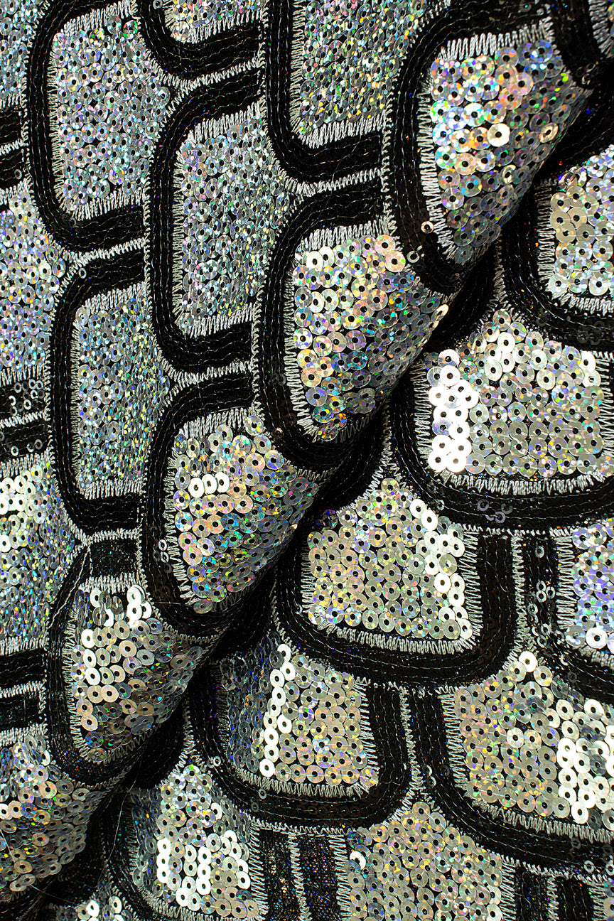 SQL055-SLB - Sequined Net Lace - Silver Grey & Black