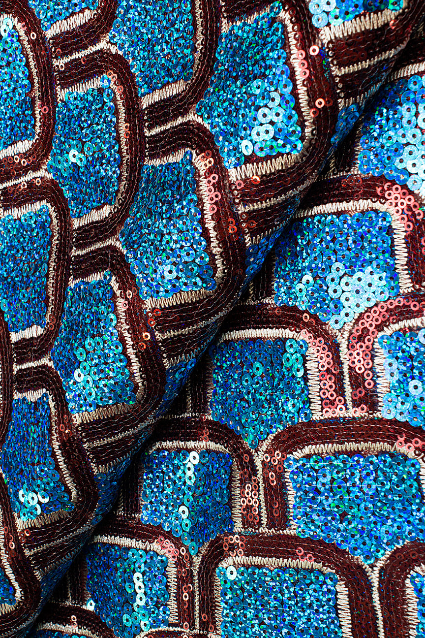SQL055-TQW - Sequined Net Lace - Turquoise Blue, Wine & Pink